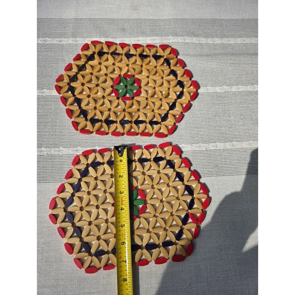 VTG Set 2 Wood Chip‎ Trivets 7x10 Red Green Black Geometric Kitchen Table